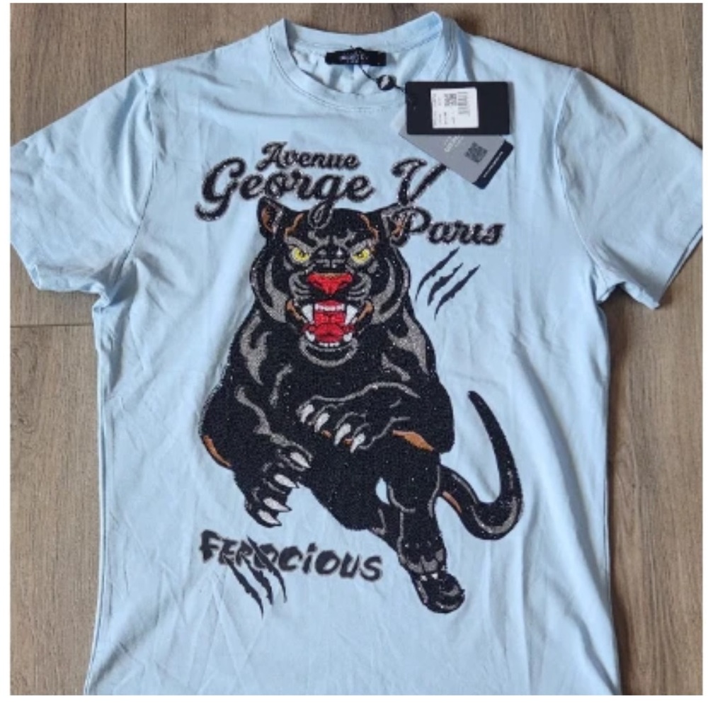Avenue George V Paris T-Shirt rhinestone black panther men’s Blue short Sleeve